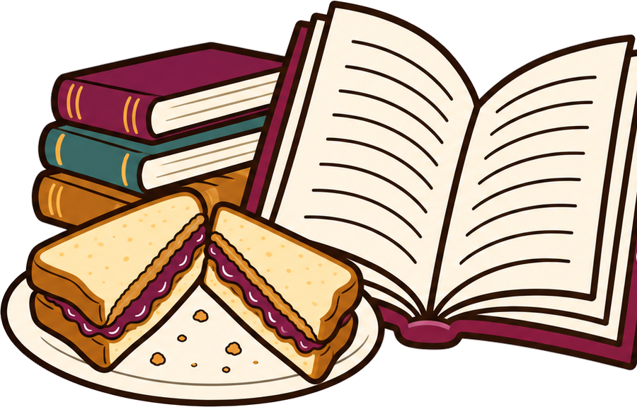 A peanut butter and jelly sandwich on a plate beside an open book and a stack of books